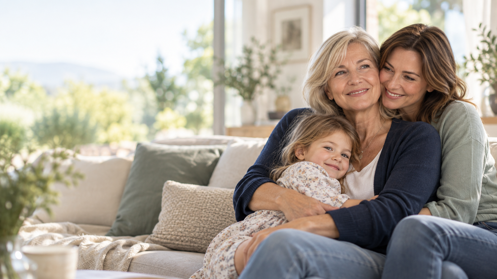 Tres generaciones de una familia sonríen juntas